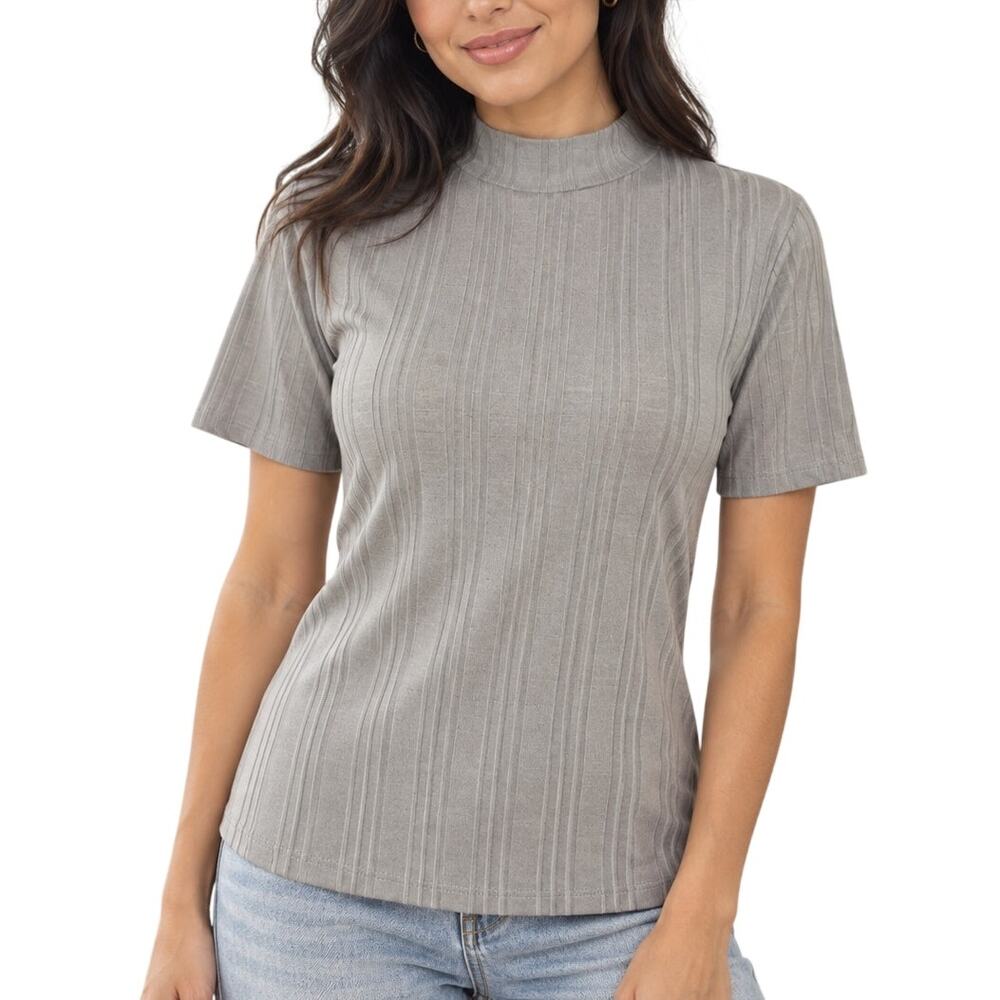 Forever 21 Womens Large Gray Ribbed Mock Neck Short Sleeve Fitted Top